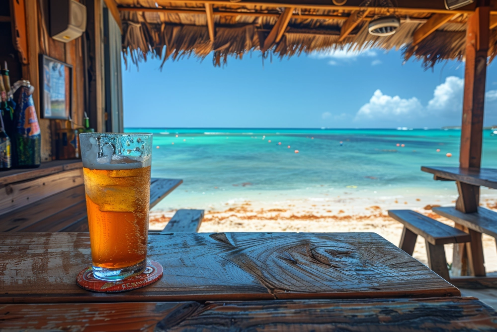 A cold glass of iced tea sits on a wooden table in one of the inviting beach bars, overlooking turquoise waves, white sand, and a clear blue sky.