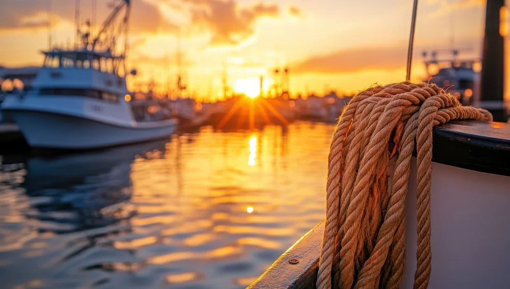 A coiled yellow rope rests on the edge of a boat, with fishing boats and a harbor in the background. The sun is setting, casting a golden glow over the water and creating a warm, tranquil scene.