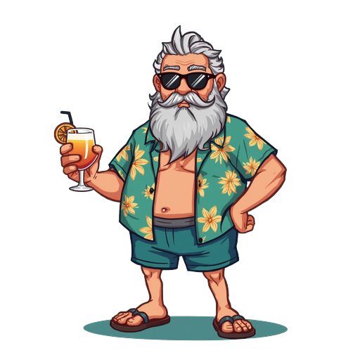 Cartoon older man with gray hair and beard, wearing sunglasses, a green floral Hawaiian shirt, shorts, and flip-flops, holding a cocktail with a straw and orange slice, standing confidently.