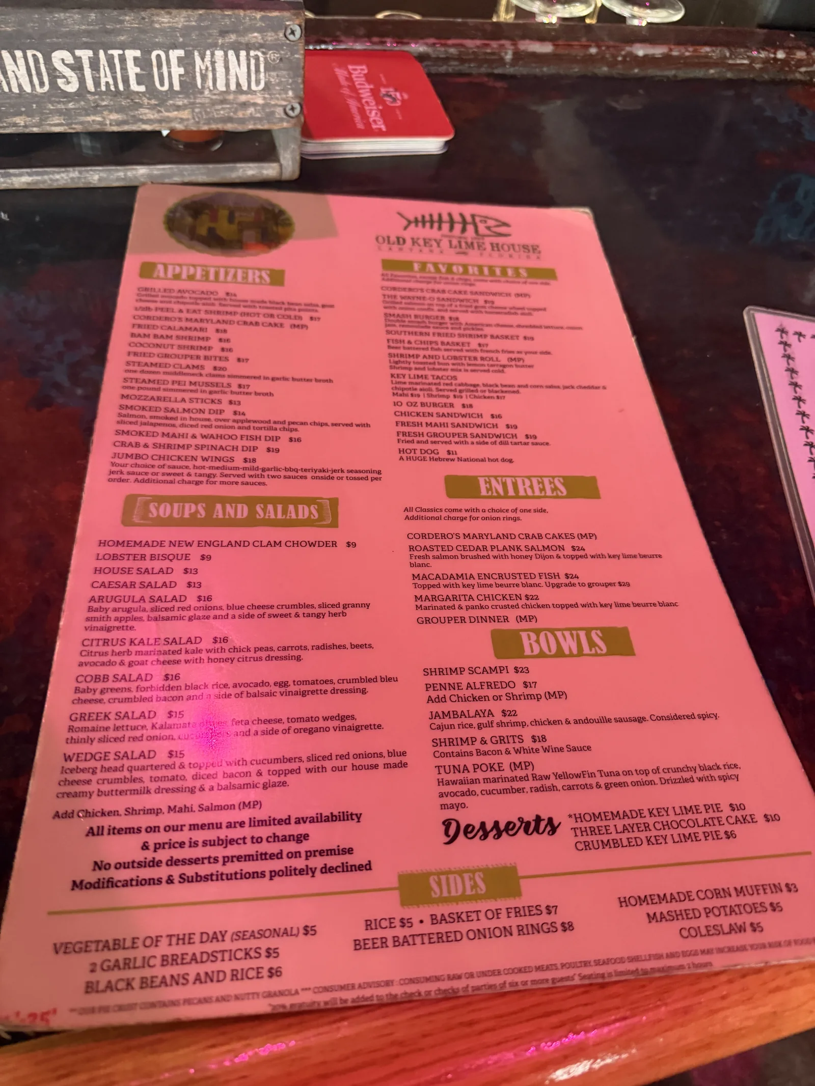 Old Key Lime House's menu listing appetizers, soups, entrees, bowls, sides and desserts
