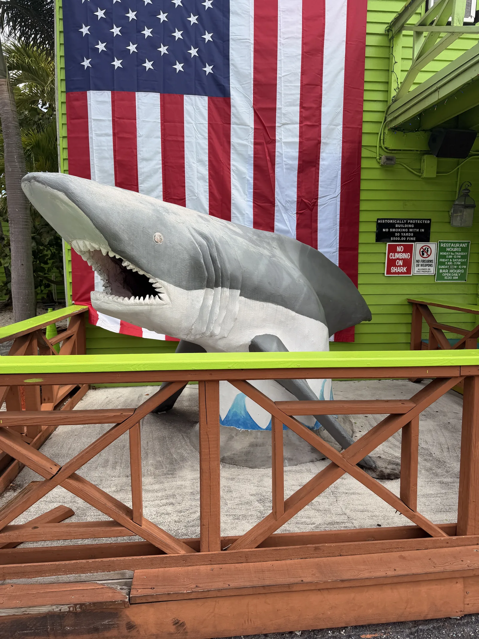 A large shark sculpture sits in front of a wooden fence, with a large American flag hanging on a bright green wall behind it.