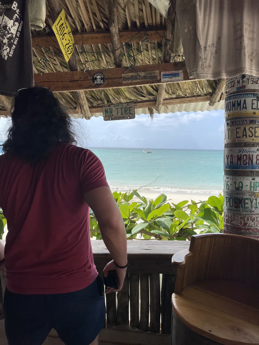 A support post at Tony's Hut sheathed in vanity license plates, with the Caribbean beyond