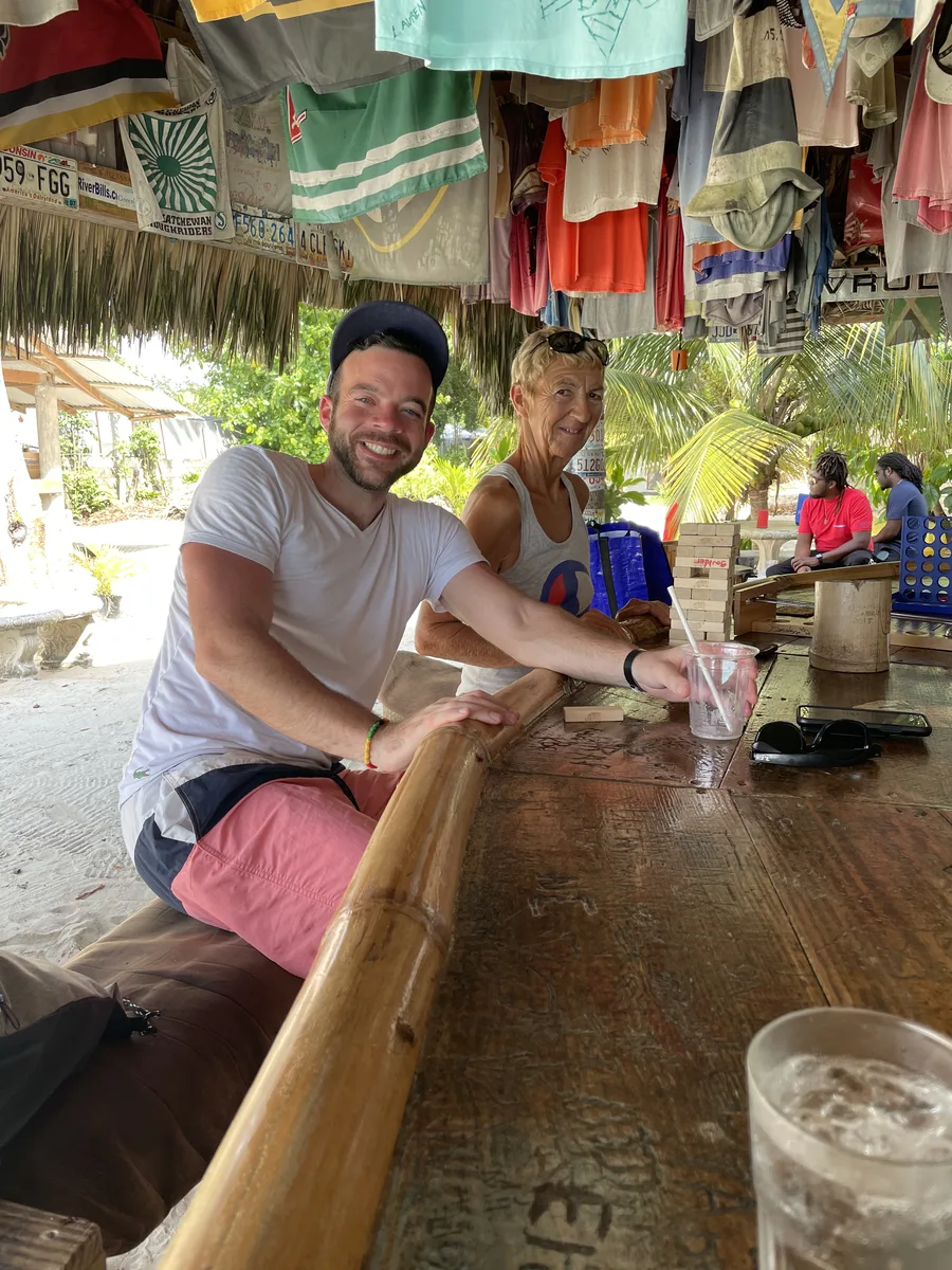 Jenga on the carved and signed bar top at Tony's Hut, giant Connect Four behind